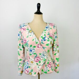 RICKIE FREEMAN Teri Jon Silk Floral Sequin JACKET 12 Pink Daisy Statement Pastel